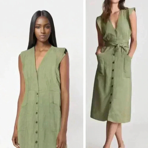 NEW Reiss Emma Midi Dress Olive Green Linen Blend Breathable Neutral Lightweight - Picture 1 of 11